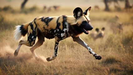 African wild dog running in savanna
