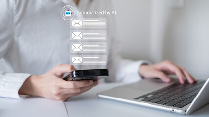 Professional entrepreneur businessman using ai artificial intelligence to summarize email electronic mail in morning data analysis communication technology online smart tool personal assistant future