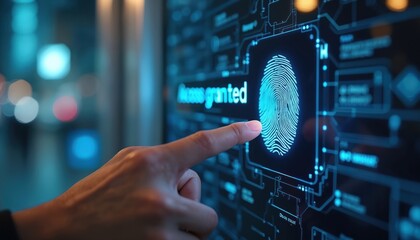 Agentic AI technology enables secure fingerprint access with biometric authentication for enhanced safety, convenience. Futuristic digital interface shows scan results for user verification, data