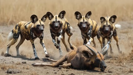 African wild dogs hunting a prey animal