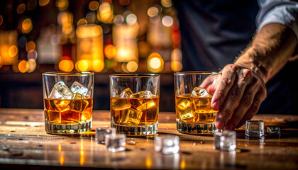 Bartender Preparing Whiskey Cocktails at Bar