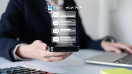 Professional entrepreneur businessman working in office using ai artificial intelligence technology to summarize electronic mail email in everyday life digital productivity future automation assistant