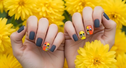 Woman's hands displaying dark grey matte nails with playful yellow and orange cartoon face nail art against a backdrop of vibrant yellow chrysanthemums manicure beauty female faces