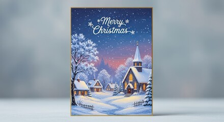 Obraz premium Winter landscape with church and houses in snow at night