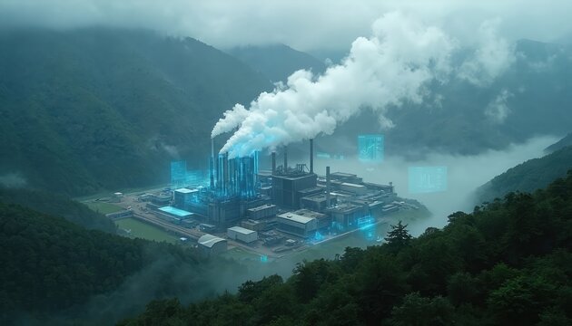 Factory complex with smokestacks emitting white smoke against misty mountainous backdrop. Futuristic holographic displays show data graphs, charts, indicating advanced technology, environmental - Powered by Adobe
