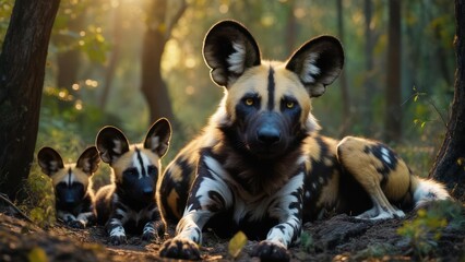 African wild dogs resting in the woods