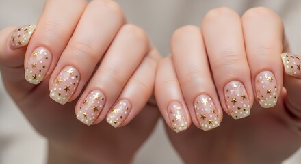 Close up of manicured hands with polished nails featuring a transparent base adorned with gold stars and white dots nail art beauty fashion female glamour elegant design pattern glossy