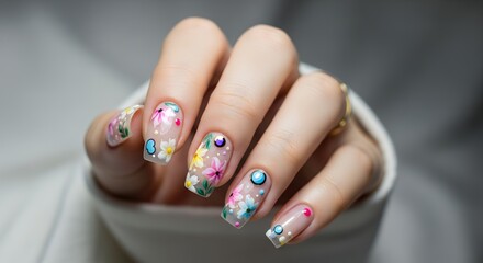 Close up of a woman's hands displaying long square shaped fingernails adorned with delicate floral art and colorful gemstone accents showcasing intricate manicure designs beauty nail art