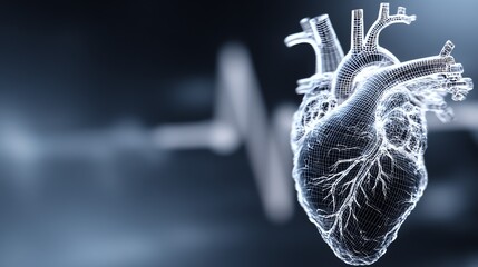A detailed, wireframe rendering of a human heart is prominently displayed against a blurred electrocardiogram background, symbolizing life and medical technology.