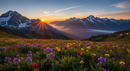 Sunrise Over Mountain Meadow with Wildflowers and Snow-Capped Peaks.