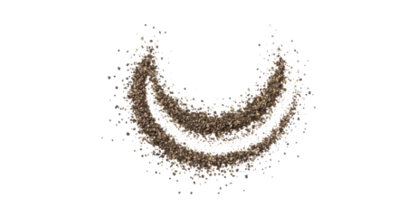 Crushed black pepper, irregular dark black/deep grey grains, dynamically scattered in a curved trail on a transparent background with ample copy space, high-resolution macro shot for culinary