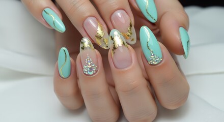 Detailed close up of a person's hands showcasing elegant fingernails with a mint green polish gold foil accents and small sparkling rhinestones arranged in a decorative pattern manicure