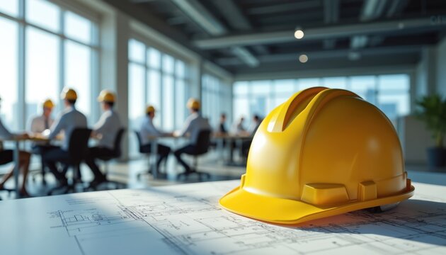 Modern workspace with yellow safety hardhat, architectural blueprints laid out on table. Blurred background shows team meeting with engineers collaborating on building project. Natural daylight fills