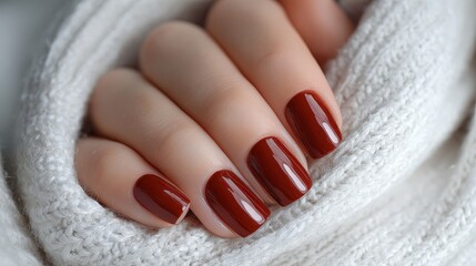 Elegant red manicure nail art close-up beauty salon setting fashionable female hand with glossy nails