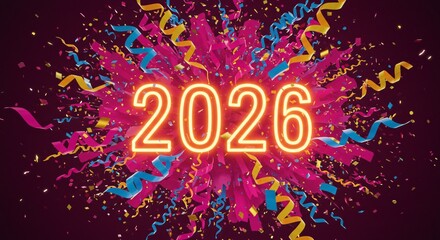 Vibrant 2026 Glowing Numbers Surrounded by Festive Confetti and Streamers