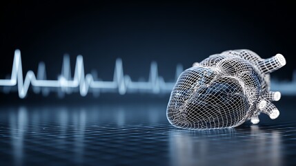 A detailed digital rendering showcases a human heart constructed from a network of glowing lines, set against a blurred backdrop of an electrocardiogram, symbolizing life and technological