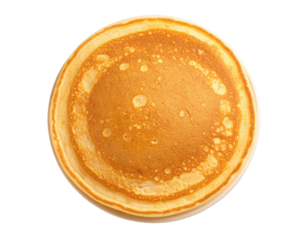 Golden brown pancake, circular, cooked, on white plate