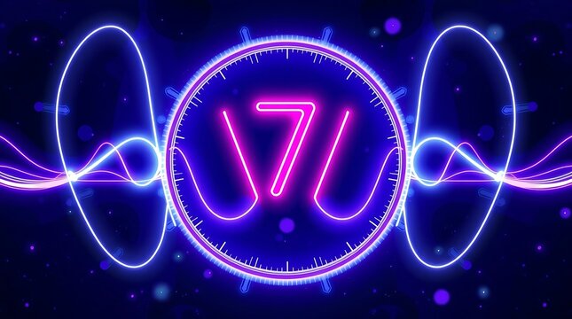 Glowing neon seven inside a circular clock design