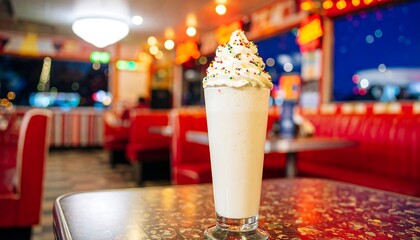 Creamy milkshake, sprinkles, diner setting