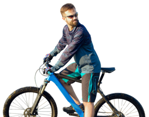 Cyclist in shorts and jersey on a modern carbon hardtail bike with an air suspension fork standing on a cliff against the background of fresh green spring forest