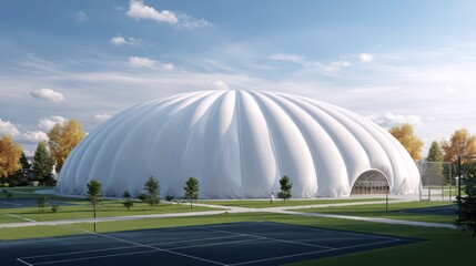 Futuristic Dome: A stunning architectural structure showcasing a unique, inflatable dome design with clean lines against a vivid blue sky, embodying modern aesthetic.