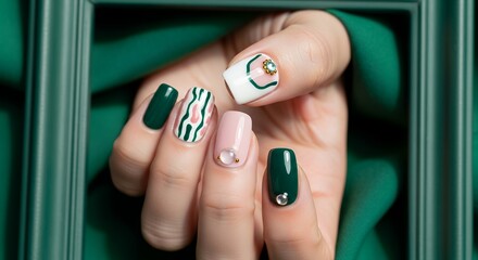 Close up of a female hand showcasing intricately designed fingernails featuring abstract patterns solid colors and decorative gems against a rich green fabric backdrop Nail art manicure