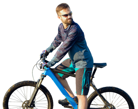 Cyclist in shorts and jersey on a modern carbon hardtail bike with an air suspension fork standing on a cliff against the background of fresh green spring forest