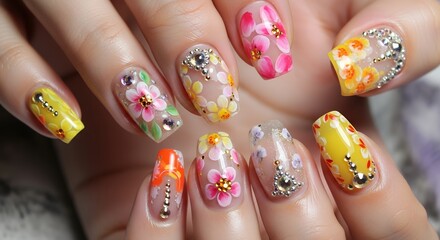 Close up of a woman's hands showcasing intricately designed fingernails adorned with hand painted flowers rhinestones and glitter accents nail art manicure floral design handpainted