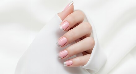 Delicate female hand with polished pink nails featuring glitter French tips held against flowing white fabric showcasing elegant manicure and soft lighting Beauty Skincare Cosmetics