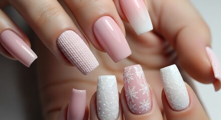 Close up view of woman's hands with meticulously manicured nails featuring intricate designs including snowflakes a knitted pattern and soft pink ombre effect nail art beauty fashion