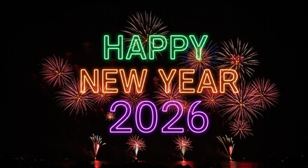 Happy New Year 2026 Neon Greeting with Colorful Fireworks over Water