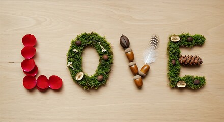 LOVE spelled with flowers, leaves, and stones &mdash; natural elements arranged in a creative and organic composition