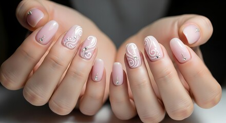 Delicate pale pink oval fingernails adorned with intricate white swirls sparkling rhinestones and tiny cubic zirconia gems on a dark background Nail art manicure beauty elegant feminine