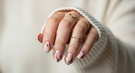 Woman's hands displaying stylish abstract patterned fingernails adorned with delicate gold rings and sparkling gemstones cozy knitted sweater fabric visible manicure nail art fingers