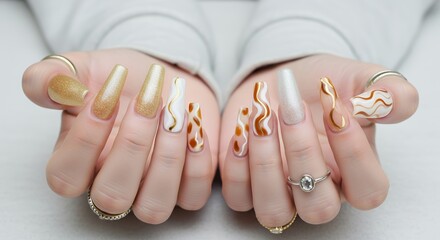 Close up of a woman's hands displaying long coffin shaped nails with intricate designs in gold white and brown featuring glitter and marble patterns manicure nail art beauty fashion