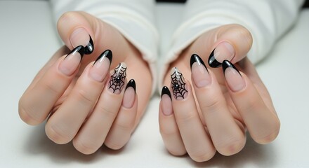 Close up of manicured hands displaying almond shaped nails with black tips and intricate spider web designs creating a stylish and festive look beauty fashion nail art style cosmetic