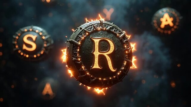 Mystical glowing letters float in dark, fiery atmosphere