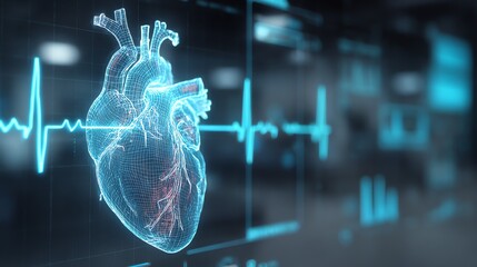 A glowing, wireframe heart is dramatically illuminated against a dark background, overlaid with a bright blue electrocardiogram line, symbolizing life and medical technology.