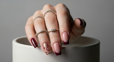 A manicured hand with deep red and French tip nails adorned with sparkling rings rests near a white ceramic container showcasing elegant nail art and jewelry deep red nails nail design