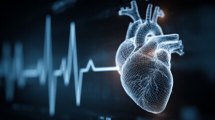 A detailed wireframe rendering of a human heart is illuminated against a backdrop of a dynamic electrocardiogram, symbolizing life, health, and the intricate systems within the body.