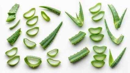 Aloe Vera slices arranged on a white background