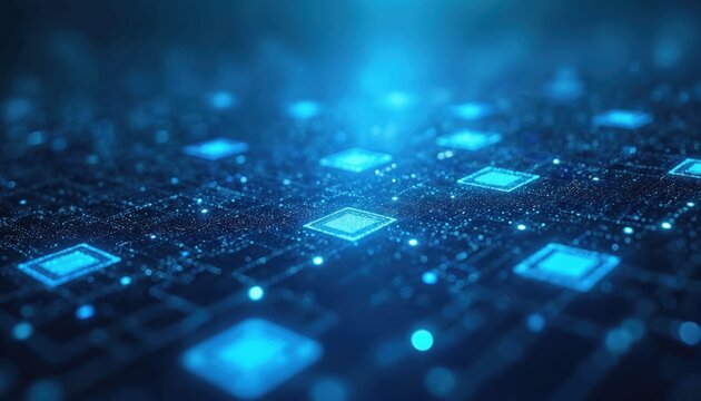 Abstract blue digital grid pattern evokes futuristic fintech and science concepts. Technology background with glowing pixels, squares, and network lines representing data flow and cyberspace.