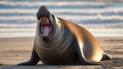 Large seal on beach at sunrise