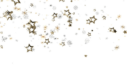 Sparkling gold stars and snowflakes falling on white. Festive winter background ideal for holidays.