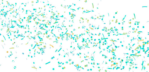 Beautiful teal and gold confetti falling on white background. Perfect for party invitations, celebrations, and festive designs.