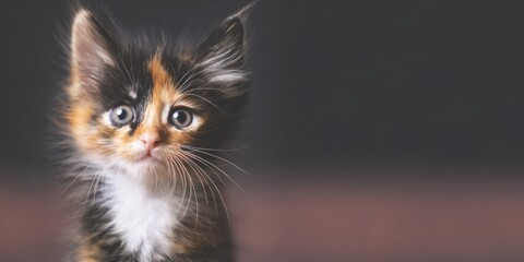 Calico kitten looking at camera with big eyes
