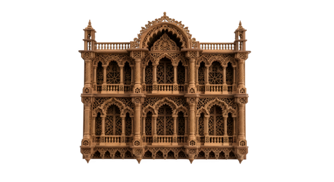 Intricate wooden facade of a traditional building isolated on transparent background
