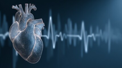 A detailed wireframe rendering of a human heart is presented alongside a blurred electrocardiogram, symbolizing vital life functions and medical technology's role in monitoring health.