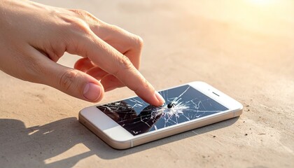 Hand Touching Cracked Smartphone Screen on Sandy Beach