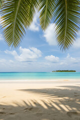 Obraz premium Tropical beach paradise with palm leaves framing a clear blue ocean